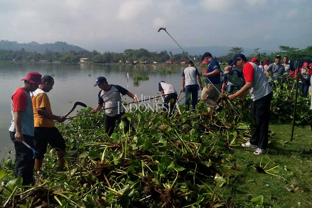 Ratusan aparatur sipil negara (ASN) Kabupaten Klaten bersama warga bergotong royong membersihkan tanaman eceng gondok (Eichhornia crassipes) di Rowo Jombor, Klaten, Jawa Tengah, Jumat, 9 Maret 2018. MI/Djoko Sardjono