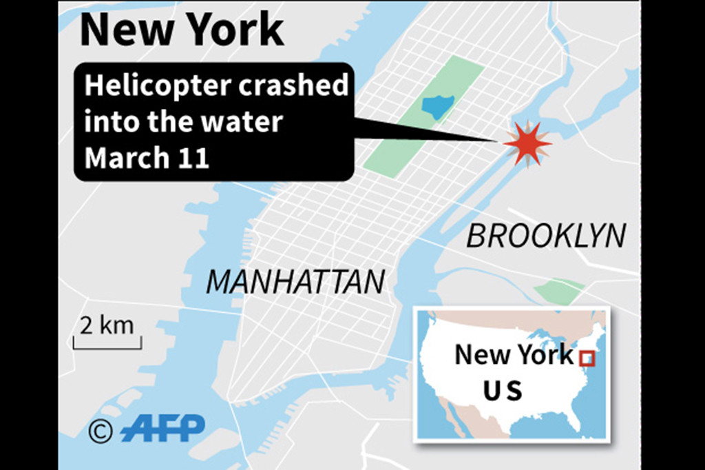 Kantor Penerbangan Federal menyatakan bahwa helikopter Eurocopter AS350 itu jatuh di dekat Pulau Roosevelt sekitar pukul 19.00 waktu setempat dalam keadaan terbalik.