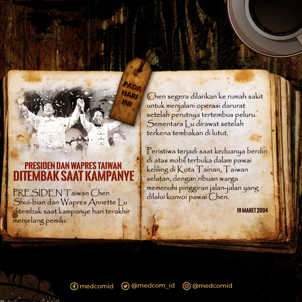 Hari Ini: Presiden dan Wapres Taiwan Ditembak Saat Kampanye