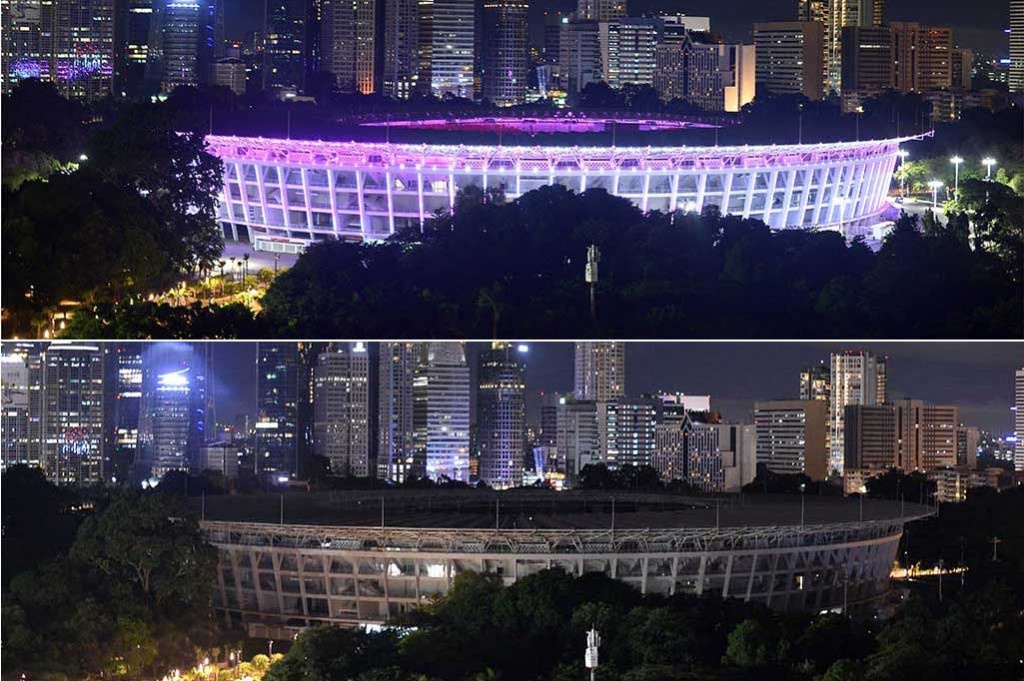 Foto kombo suasana Stadion Utama Gelora Bung Karno (SUGBK), Jakarta saat lampu masih dinyalakan dan dipadamkan ketika memperingati Earth Hour, Sabtu, 24 Maret 2018 malam. ANTARA/Wahyu Putro A