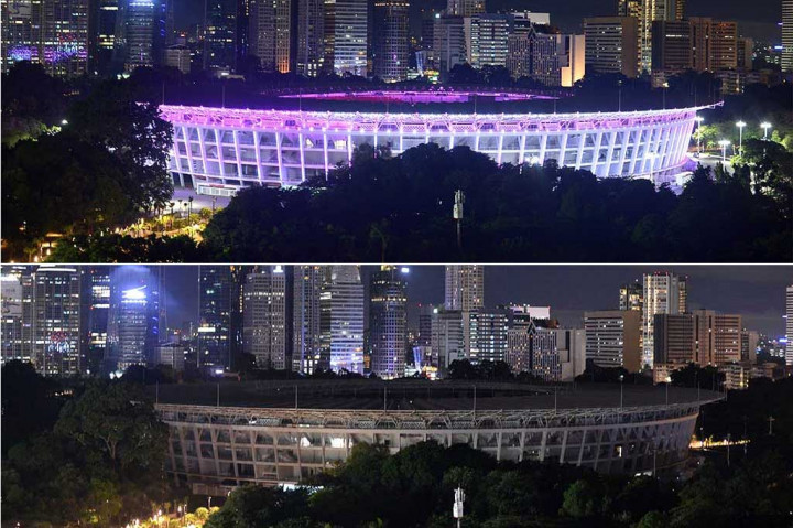 Foto kombo suasana Stadion Utama Gelora Bung Karno (SUGBK), Jakarta saat lampu masih dinyalakan dan dipadamkan ketika memperingati Earth Hour, Sabtu, 24 Maret 2018 malam. ANTARA/Wahyu Putro A