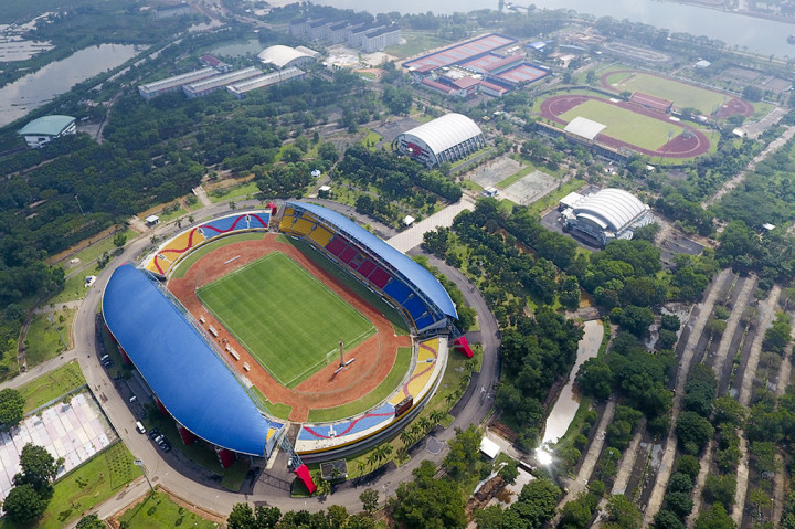 Foto udara komplek olahraga Jakabaring Sport City (JSC) di Palembang, Sumatra Selatan.
