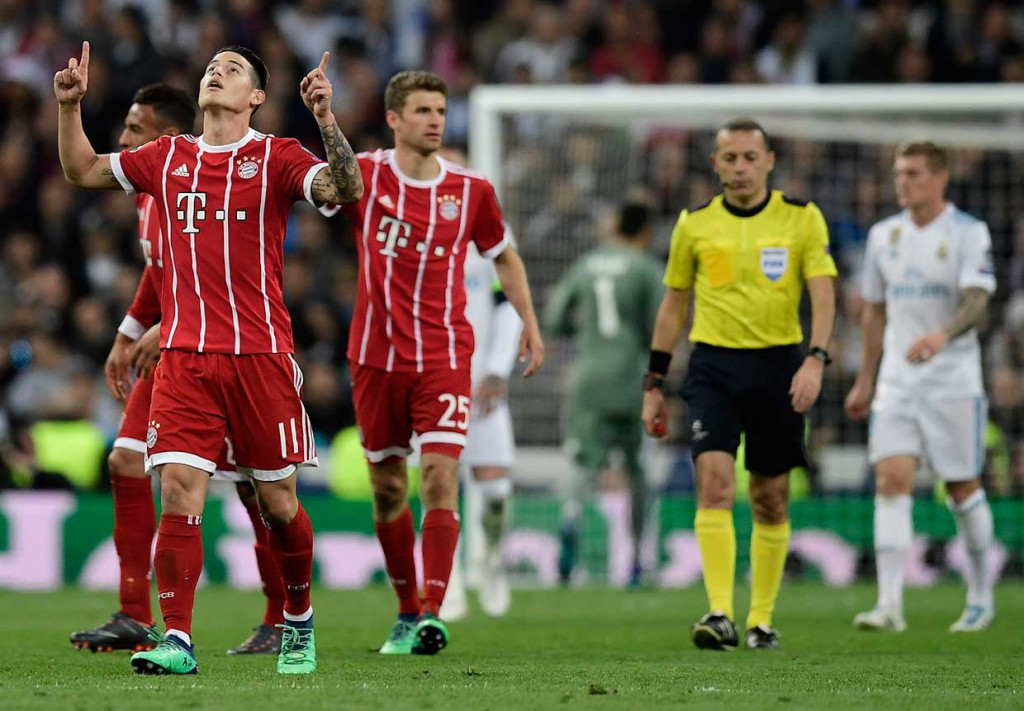 James Rodriguez, yang dipinjam dari Real, menyamakan kedudukan untuk Bayern pada menit ke-63. AFP/Javier Soriano