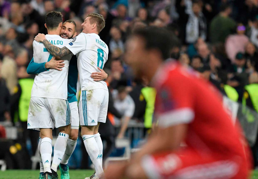 Meski mendapat gelombang serangan dari tim tamu Madrid berhasil mempertahankan skor imbang hingga laga usai, untuk menjadi tim pertama sejak Juventus pada 1998 yang mencapai final untuk tiga tahun secara berturut-turut. AFP/Gabriel Bouys