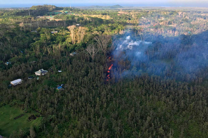 Aliran lava mengular melalui hutan menuju permukiman penduduk yang mendorong pihak berwenang memerintahkan ribuan warga untuk mengungsi.