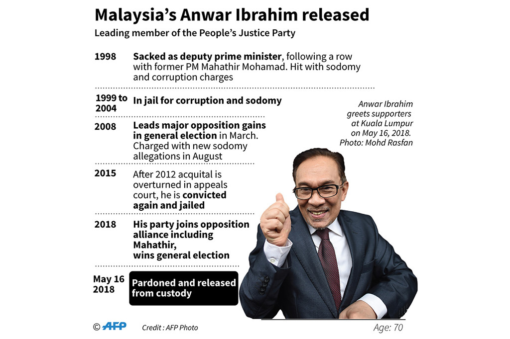 Politisi berusia 70 tahun itu sebenarnya divonis hukuman penjara lima tahun karena dianggap terbukti melakukan sodomi. AFP/MOHD RASFAN
