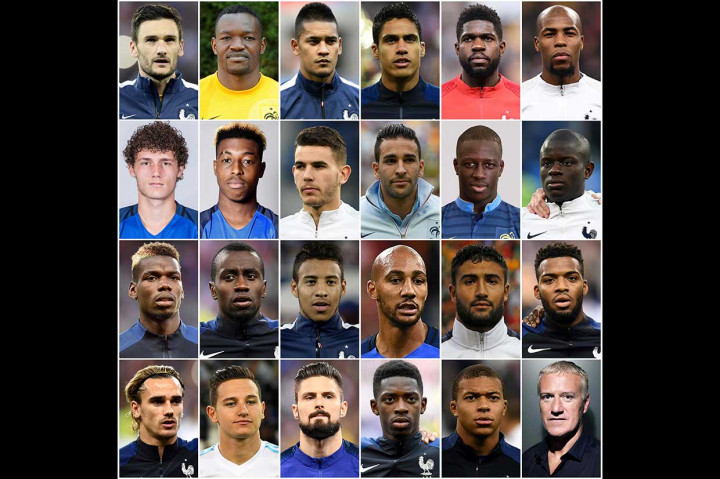 Berikut tim Prancis untuk Piala Dunia: Kiper: Alphone Areola (Paris St Germain), Hugo Lloris (Tottenham Hotspur), Steve Mandanda (Olympique de Marseille) Bek: Lucas Hernandez (Atletico Madrid), Presnel Kimpembe (Paris St Germain), Benjamin Pavard (VfB Stuttgart), Benjamin Mendy (Manchester City), Djibril Sidibe (Monaco), Adil Rami (Olympique de Marseille), Samuel Umtiti (Barcelona), Raphael Varane (Real Madrid) Gelandang: Blaise Matuidi (Juventus), N'Golo Kante (Chelsea), Steven N'Zonzi (Sevilla), Paul Pogba (Manchester United), Corentin Tolisso (Bayern Munich) Penyerang: Olivier Giroud (Chelsea), Antoine Griezmann (Atletico Madrid), Kylian Mbappe (Paris St Germain), Thomas Lemar (Monaco), Nabil Fekir (Olympique Lyonnais), Florian Thauvin (Olympique de Marseille), dan Ousmane Dembele (Barcelona). 