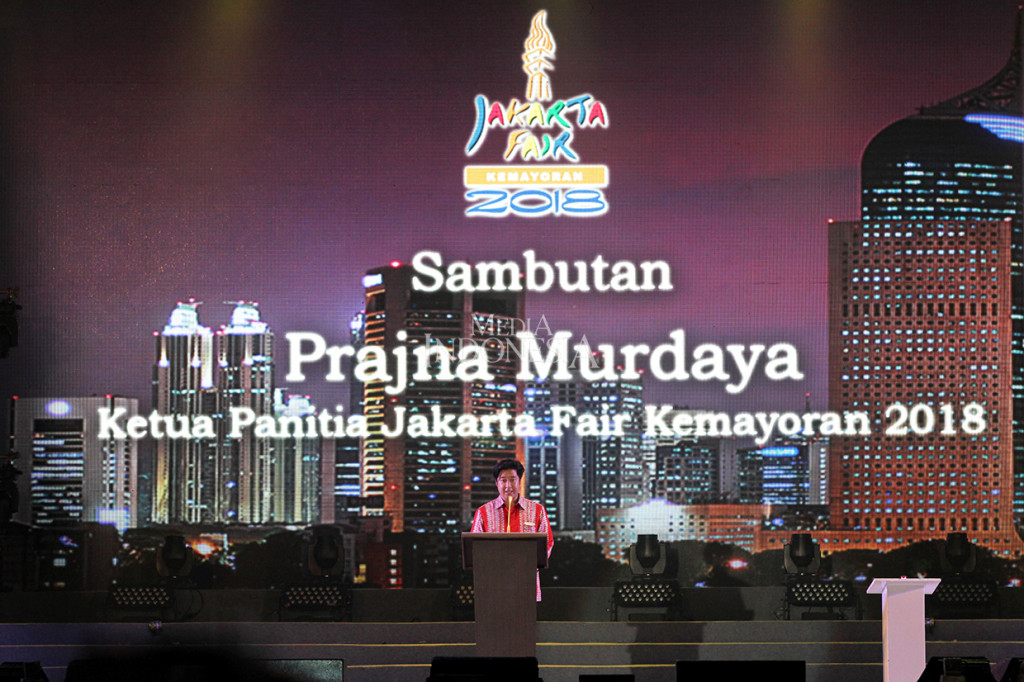 Ketua panitia Jakarta Fair ke-51 Prajna Murdaya berikan sambutan saat pembukaan gelaran Jakarta Fair ke-51 di JIExpo, Kemayoran, Jakarta.