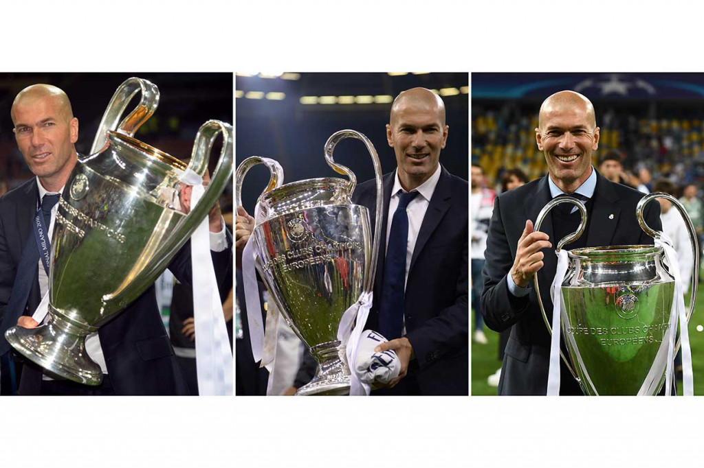 Zidane menjadi pelatih pertama yang berhasil memenangi piala Liga Champions tiga kali secara beruntun, ketika Real menang 3-1 atas Liverpool pada Sabtu, 26 Mei 2018 lalu.