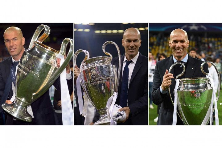 Zidane menjadi pelatih pertama yang berhasil memenangi piala Liga Champions tiga kali secara beruntun, ketika Real menang 3-1 atas Liverpool pada Sabtu, 26 Mei 2018 lalu.