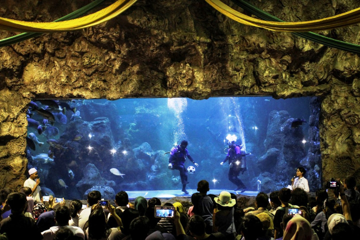 Atraksi juggling di aquarium raksasa SeaWorld, Ancol. Aksi para penyelam ini sekaligus menyemarakkan Piala Dunia 2018 Rusia.