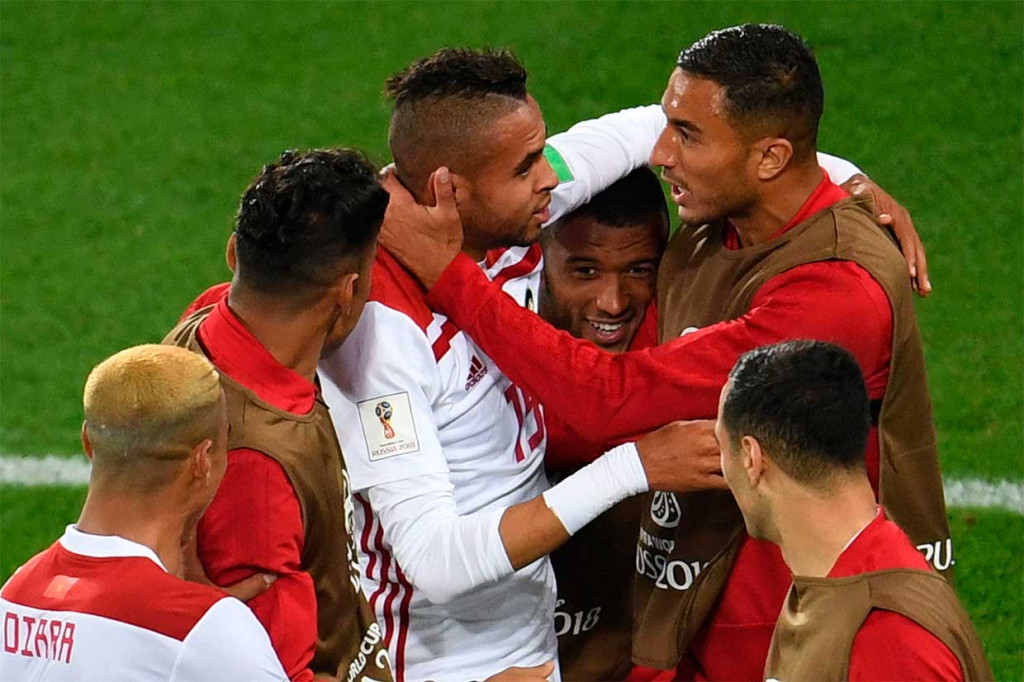 Gol En-Nesyri disambut gembira rekan-rekan setimnya.