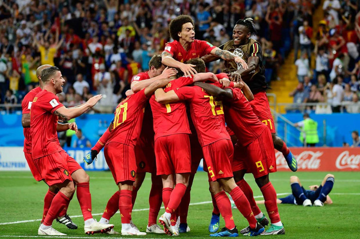 Para pemain Belgia meluapkan kegembiraan usai memastikan diri melaju ke perempat final Piala Dunia 2018.