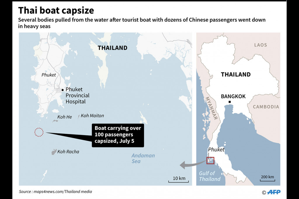Sedikitnya 49 turis hilang setelah kapal yang membawa 97 penumpang, termasuk turis Tiongkok dan kru Thailand, terbalik di laut lepas dari pulau wisata Thailand, Phuket.  Afp Photo/Kritsada Muenhawong