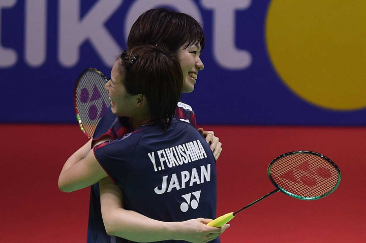 Yuki/Sayaka menundukkan rekan senegaranya Mayu Matsumoto/Wakana Magahara dalam tiga gim  21-14, 16-21 dan 21-14. Antara Foto/Akbar Nugroho Gumay