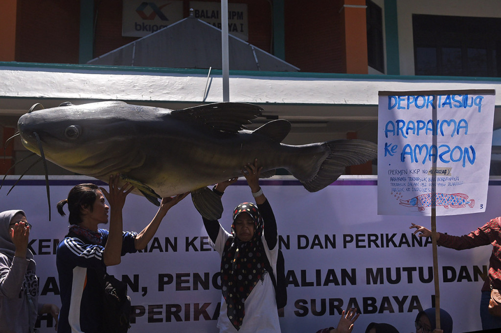 Sejumlah aktivis lingkungan hidup yang tergabung dalam Ecoton berunjuk rasa di depan Balai Karantina Ikan Kelas I Juanda, Surabaya, Jawa Timur.