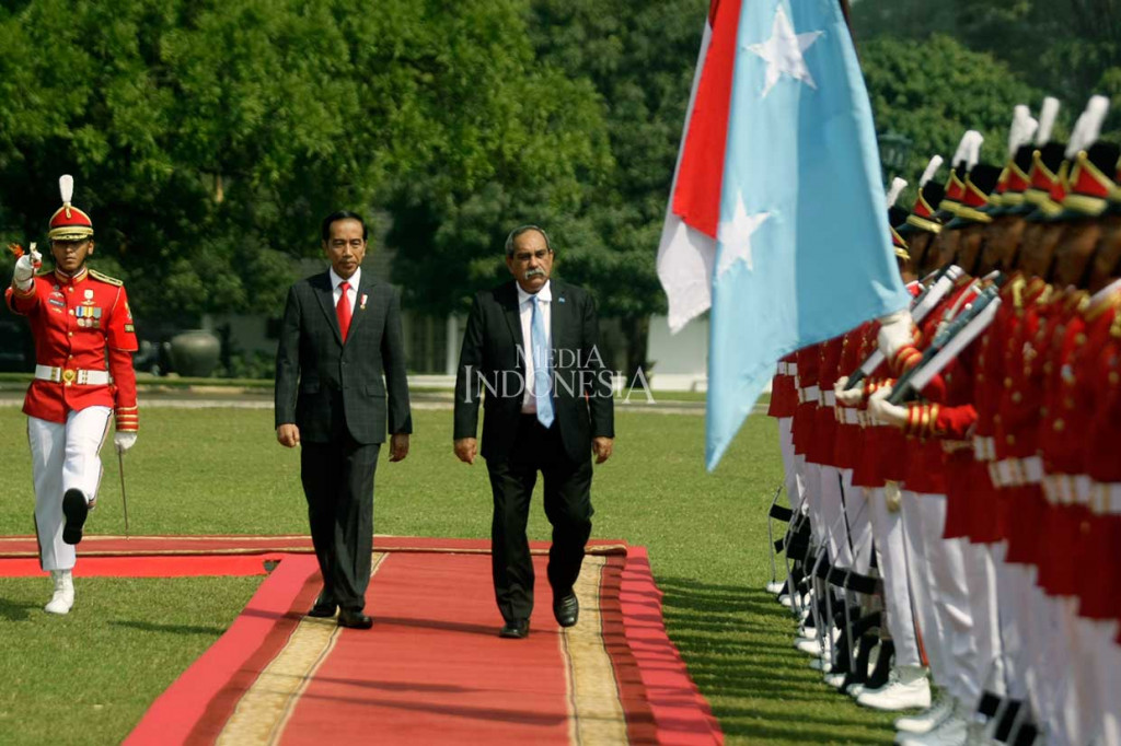 Presiden Federasi Serikat Micronesia Pieters M. Cristian tiba di Istana Bogor sekitar pukul 10.00 WIB dan disambut langsung oleh Presiden Joko Widodo. Keduanya kemudian melakukan pemeriksaan pasukan. MI/Ramdani