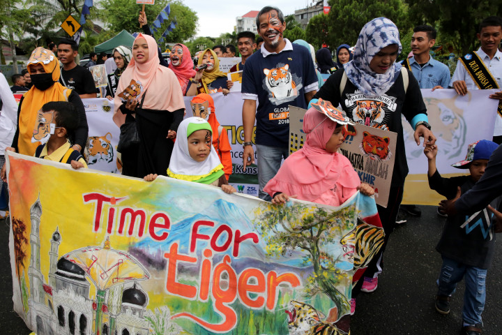 Aktivis lingkungan dan personel Balai Konservasi Sumber Daya Alam (BKSDA) Aceh yang tergabung dalam komunitas Tiger Heart Aceh memperingati Hari Harimau Sedunia di Banda Aceh, Aceh. Antara Foto/Irwansyah Putra