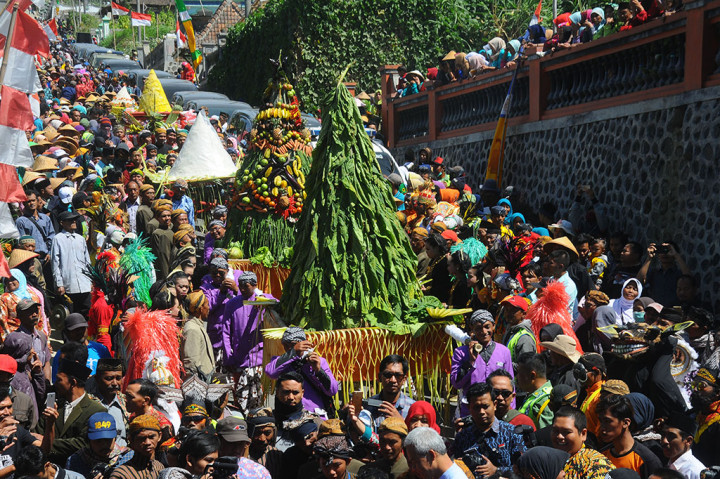 Warga terlihat antusias menyaksikan prosesi Kirab Tradisi Tungguk Tembakau di Senden, Selo, Boyolali, Jawa Tengah.

