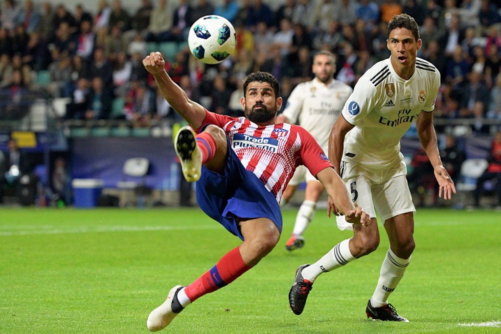 Atletico unggul terlebih dahulu berkat gol tercepat sepanjang sejarah Piala Eropa yang dicetak Diego Costa pada menit pertama. Afp Photo/Raigo Pajula