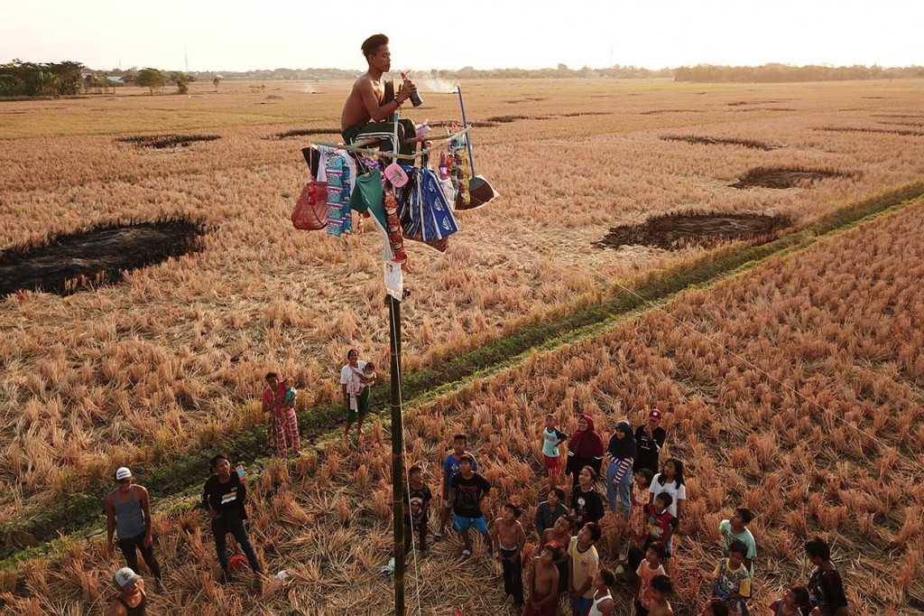 Warga mengikuti lomba panjat pinang di kampung nelayan Pabean udik, Indramayu, Jabar. Antara Foto/Dedhez Anggara