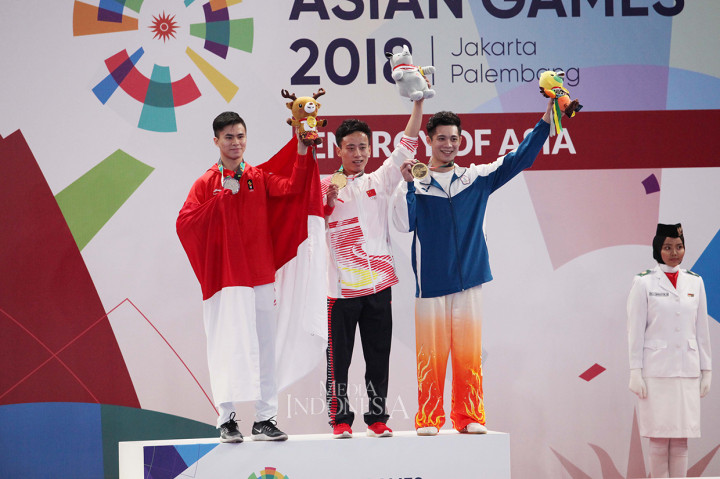 Edgar kalah tipis dari wakil Tiongkok yang meraih medali emas, Sun Peiyuan. Edgar hanya kalah 0,3 angka dari Peiyuan. Adapun medali perunggu diraih atlet asal Taiwan Tsai Tsemin. MI/Rommy Pujianto
