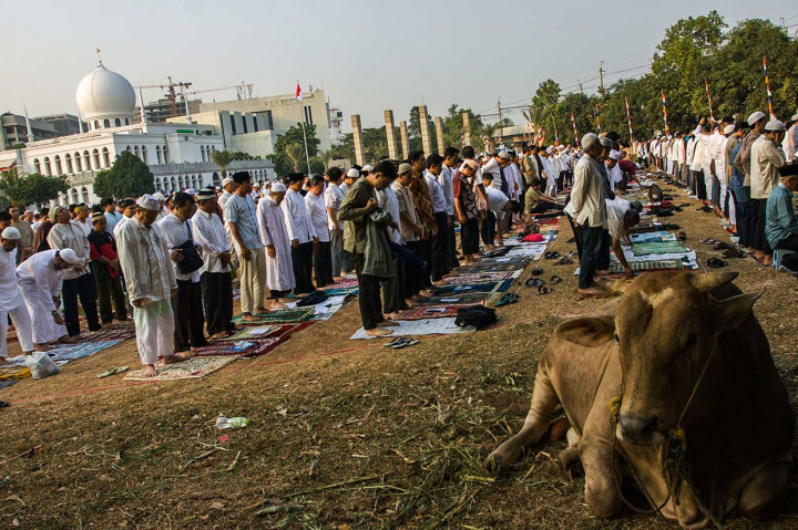 Masjid Agung Al-Azhar menggelar Salat Iduladha 1439 Hijriah pada hari ini merujuk pada pelaksanaan puncak ibadah haji atau wukuf di Arafah yang jatuh pada Senin, 20 Agustus 2018 atau 9 Dzulhijah 1439 Hjiriah. Antara Foto/Galih Pradipta
