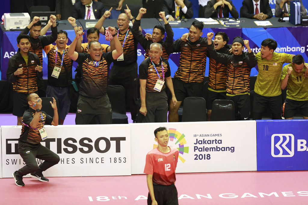 Timnas sepak takraw putra Indonesia terpaksa puas dengan raihan perunggu setelah gagal melangkah ke final beregu Asian Games 2018. Antara Foto/INASGOC/Ferdy Siregar 