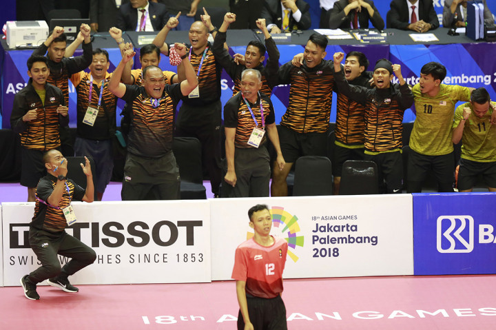 Timnas sepak takraw putra Indonesia terpaksa puas dengan raihan perunggu setelah gagal melangkah ke final beregu Asian Games 2018. Antara Foto/INASGOC/Ferdy Siregar 