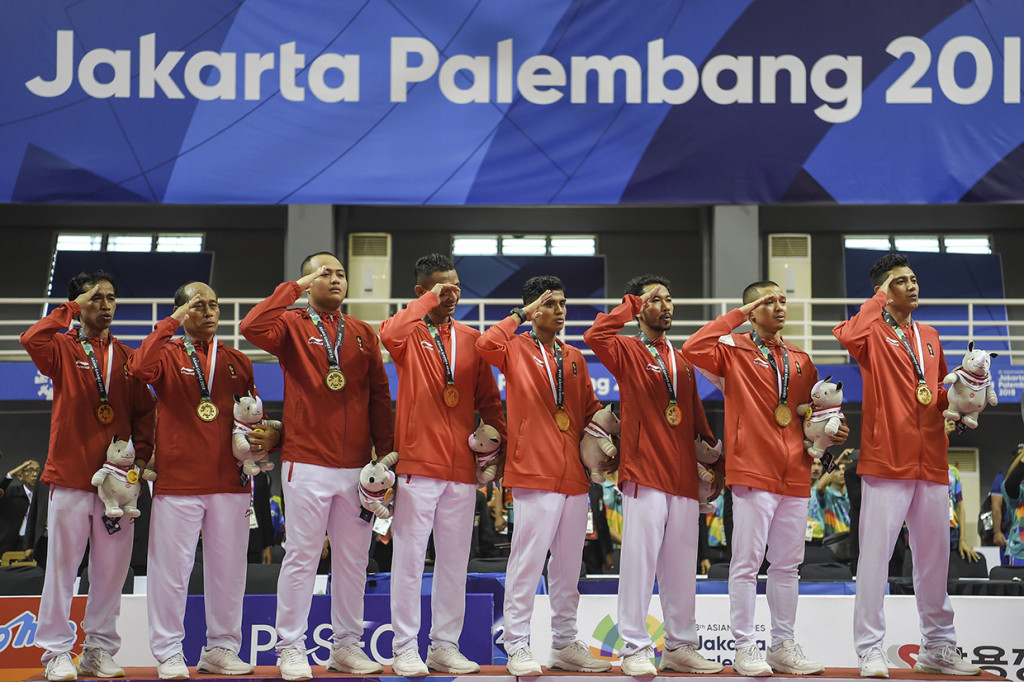 Perolehan itu menjadi yang pertama bagi Indonesia sejak Sepak Takraw pertama kali dipertandingkan pada Asian Games 1994 di Hiroshima Jepang. Antara Foto/INASGOC/Nova Wahyudi