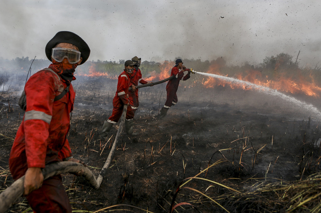 Petugas dari BPBD Kab Ogan Ilir (OI) melakukan pemadaman kebakaran lahan di Sungai Rambutan, Indralaya Utara, Ogan Ilir (OI), Sumatra Selatan.
