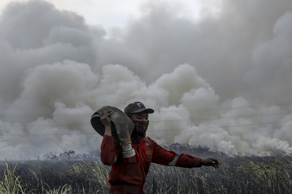 Petugas dari BPBD Kab. Ogan Ilir (OI) memanggul selang air saat melakukan pemadaman kebakaran lahan di Sungai Rambutan, Indralaya Utara, Ogan Ilir (OI), Sumatra Selatan.
