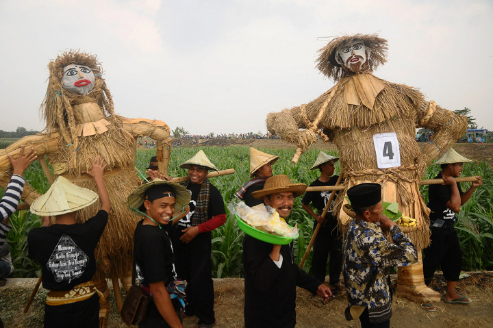 Warga memikul orang-orangan sawah (memeden) saat mengikuti Tradisi Kirab Seribu Ingkung di Desa Kendengsidialit, Welahan, Jepara, Jawa Tengah.