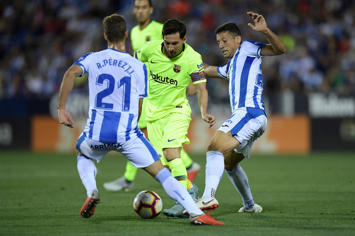Megabintang Barcelona Lionel Messi gagal menambah pundi golnya musim ini. Ia tak sanggup mencetak gol ke gawang Leganes. Afp Photo/Oscar Del Pozo
