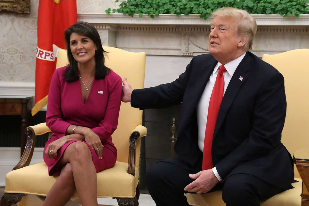 Presiden AS Donald Trump mengumumkan telah menerima pengunduran diri Nikki Haley sebagai Dubes AS untuk PBB, di Kantor Oval, Gedung Putih, Washington DC, Selasa, 9 Oktober 2018. Haley akan meninggalkan posnya pada akhir tahun.