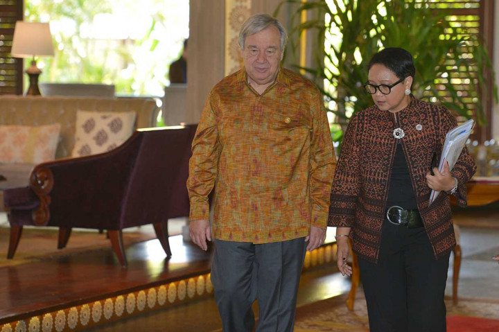 Sekjen Guterres tiba di Loby Hotel Laguna, Nusa Dua, Bali, Kamis sekitar pukul 8.25 WITA dan langsung disambut oleh Menteri Luar Negeri Retno LP Marsudi. Antara Foto/ICom/AM IMF-WBG//Nyoman Budhiana