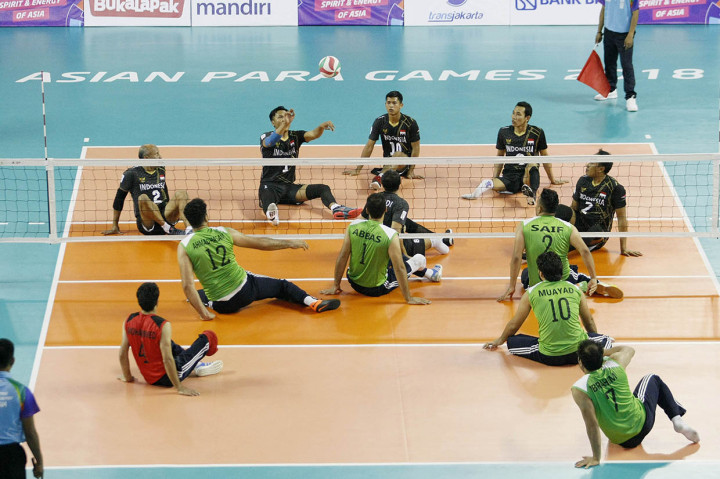 Voli duduk dimainkan enam orang, dengan net setinggi 1,05 dan 1,15 meter, diperkuat atlet disabilitas di Asian Para Games 2018 Jakarta. MI/Rommy Pujianto