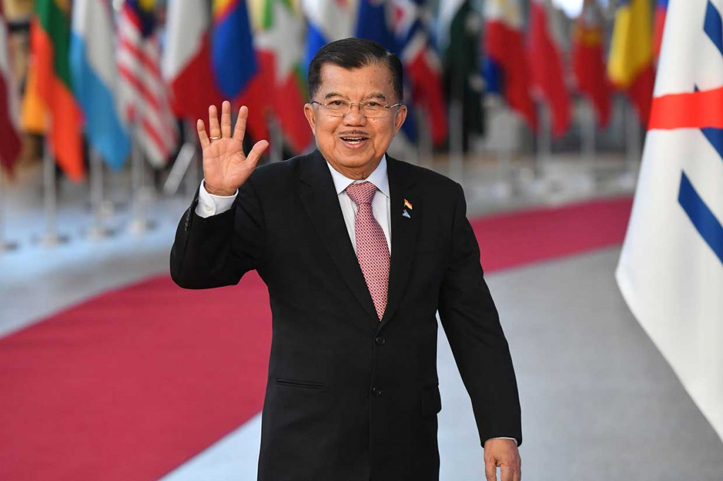 Wapres JK tiba di ruang pertemuan bersama para pemimpin negara-negara Asia-Eropa, di Brussels, Kamis, 18 Oktober 2018 waktu setempat.