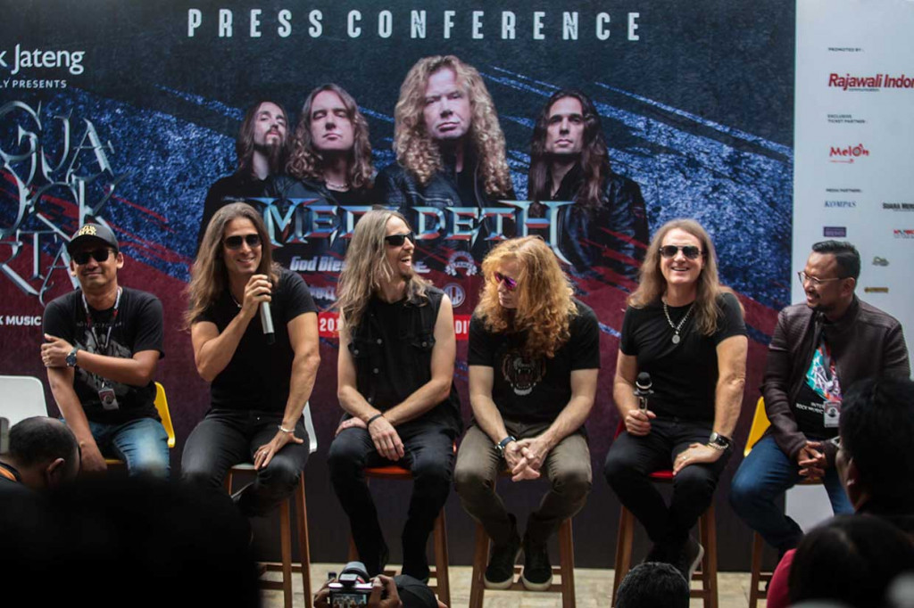 Megadeth akan menggelar konser dalam JogjakROCKarta #2 di Stadion Kridosono, Yogyaarta, Sabtu, 27 Oktober malam. Mereka akan manggung selama 1,5 jam dalam konser tersebut. Antara Foto/Andreas Fitri Atmoko
