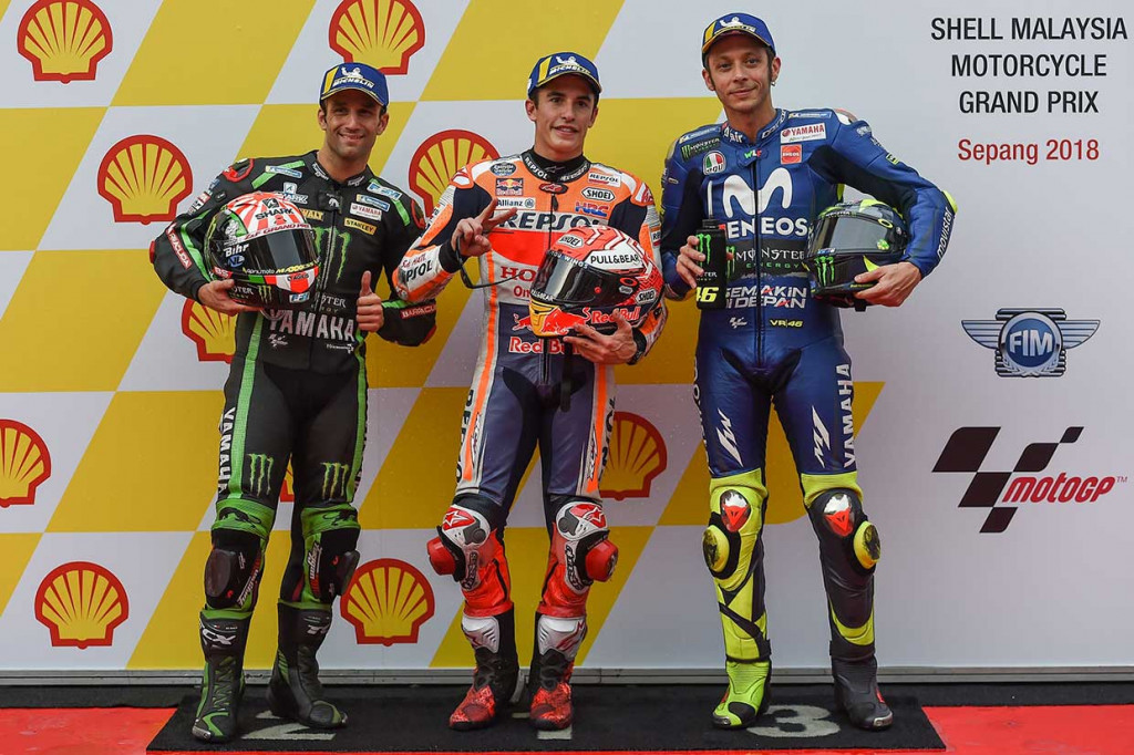 Marquez menjadi yang tercepat dengan catatan waktu lap tercepat 2 menit 12,161 detik, disusul pembalap Yamaha Johann Zarco yang terpaut  0,548, dan legenda Italia Valentino Rossi yang mencatatkan waktu 2 menit 13,009 detik.