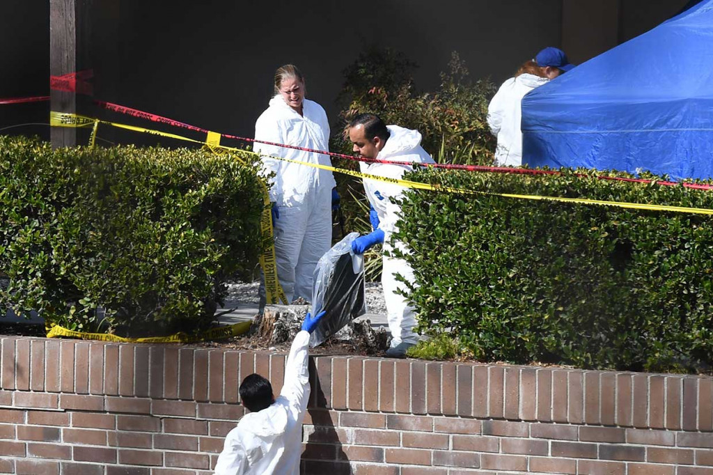 Polisi melakukan penyelidikan di lokasi penembakan massal di Borderline Bar and Grill di Kota Thousand Oaks, di daerah perumahan yang tenang dan mewah di Los Angeles, Kamis, 8 November waktu setempat.