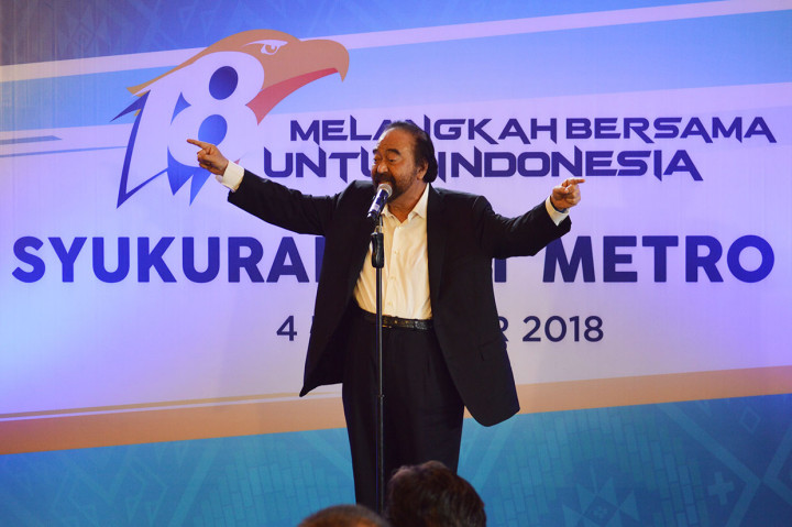 Chairman of Media Group Surya Paloh menyatakan bahwa di Ulang Tahunnya yang ke-18 Metro TV terus berkomitmen untuk menjadi pemersatu bangsa. Medcom.id/Wijokongko