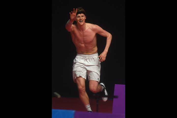 Pebulu tangkis Denmark Anders Antonsen meluapkan kegembiraan usai mengalahkan pebulu tangkis Jepang Kento Momota dalam final tunggal putra Daihatsu Indonesia Masters 2019 di Istora Senayan, Jakarta.