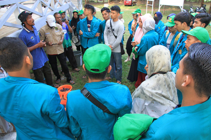 Menjelang matahari terbenam di ufuk barat, tepatnya di kawasan Konservasi Penyu Aroen Meubanja di Desa Keude Panga, Kecamatan Panga, Aceh Jaya, Provinsi Aceh, terlihat sudah berkumpul para mahasiswa, aktivis lingkungan serta anak-anak untuk melepas sekaligus menyaksikan tukik (anak penyu) kembali ke habitatnya.