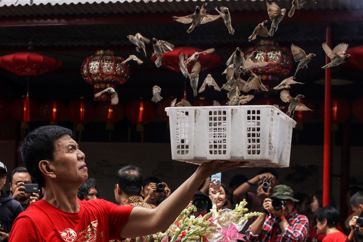 Warga keturunan Tionghoa melakukan pelepasan burung saat tahun baru Imlek 2570 di Vihara Dharma Bhakti Petak Sembilan, Jakarta.