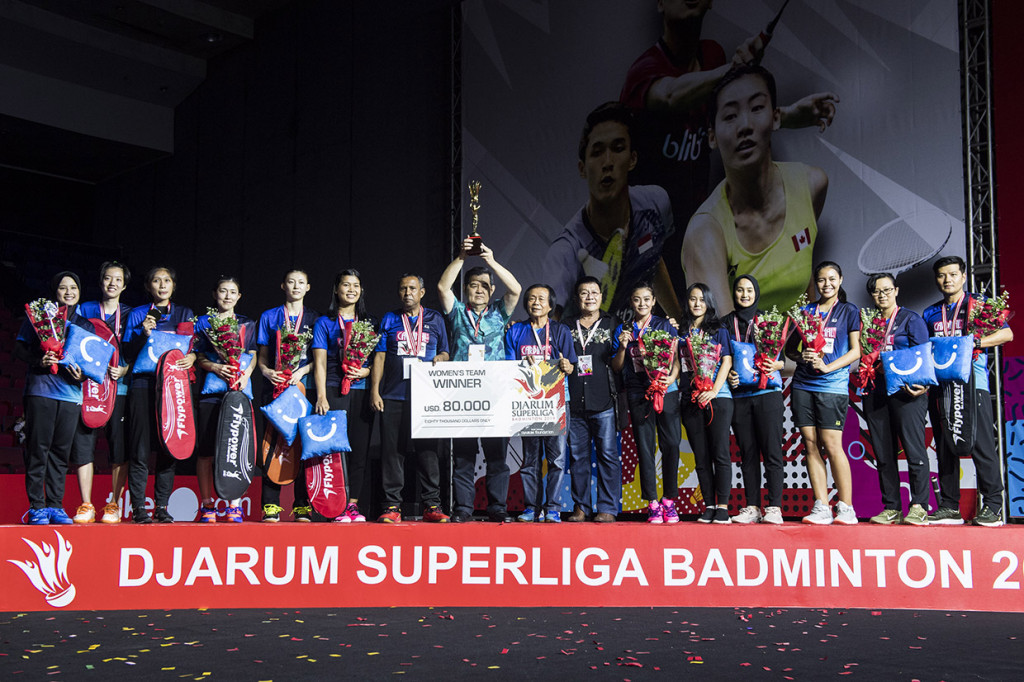 im pebulu tangkis putri Mutiara Cardinal merayakan kemenangan seusai laga Final Djarum Superliga Badminton 2019 di Sasana Budaya Ganesha (Sabuga), Bandung, Jawa Barat.