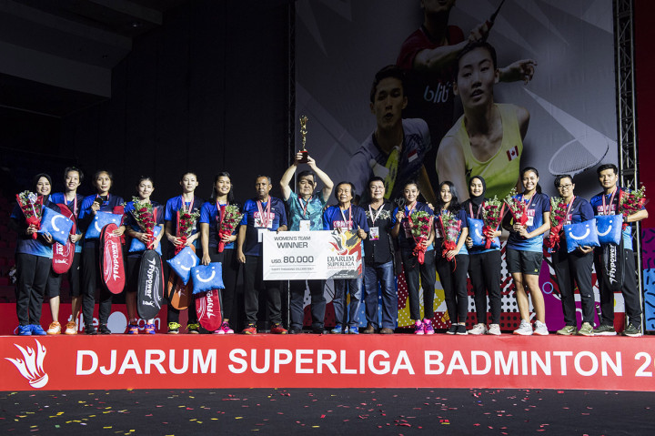 im pebulu tangkis putri Mutiara Cardinal merayakan kemenangan seusai laga Final Djarum Superliga Badminton 2019 di Sasana Budaya Ganesha (Sabuga), Bandung, Jawa Barat.