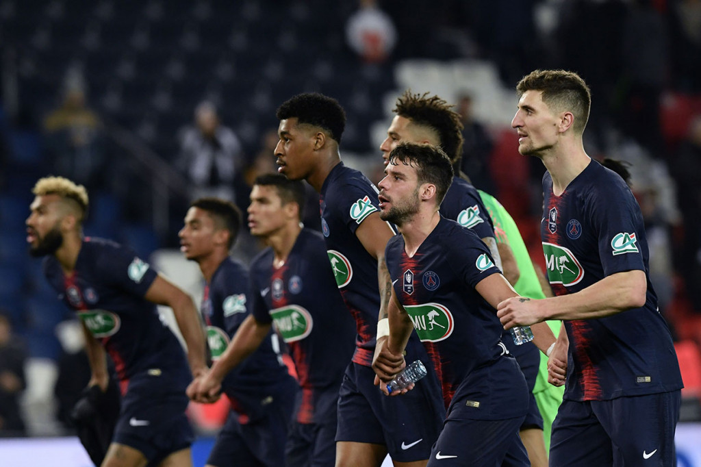Para pemain PSG melakukan selebrasi usai menundukkan Dijon tiga gol tanpa balas.