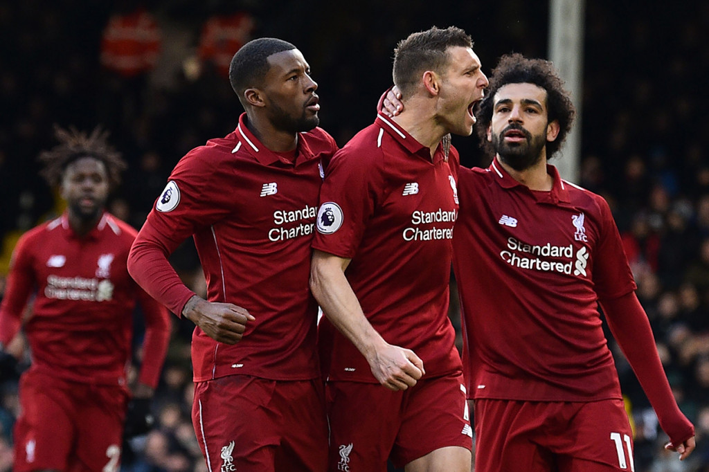 James Milner melakukan selebrasi usai mencetak gol ke gawang Fulham.