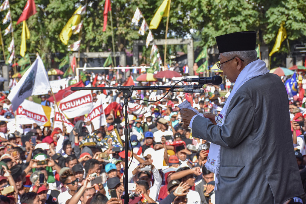 Dalam orasinya K H Ma'ruf Amin menyampaikan Pilpres itu bukan perang tapi kontestasi, dalam beragama saja kita toleransi dan tetap damai untuk Jokowi-Amin menang Indonesia sejahtera.